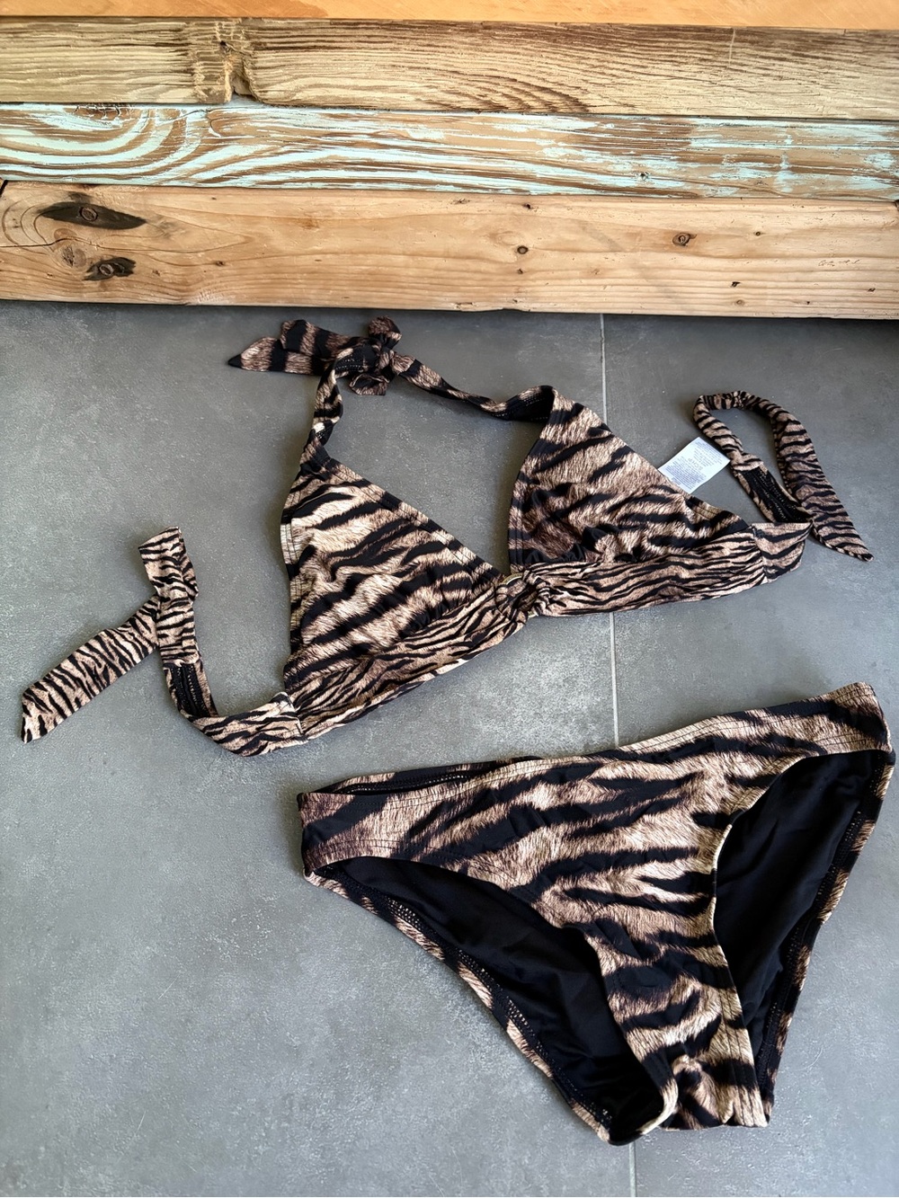 Michael Kors Tiger Zebra Bikini Set S Black Gold Halter Never Worn